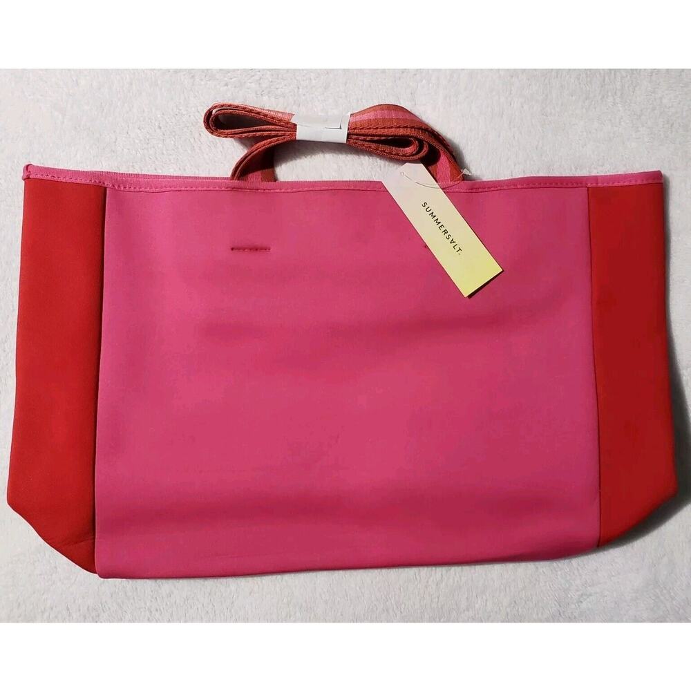 SUMMERSALT‎ Neoprene Beach Tote Pink Red Mesh Zippered Inner Pocket Snap Closure